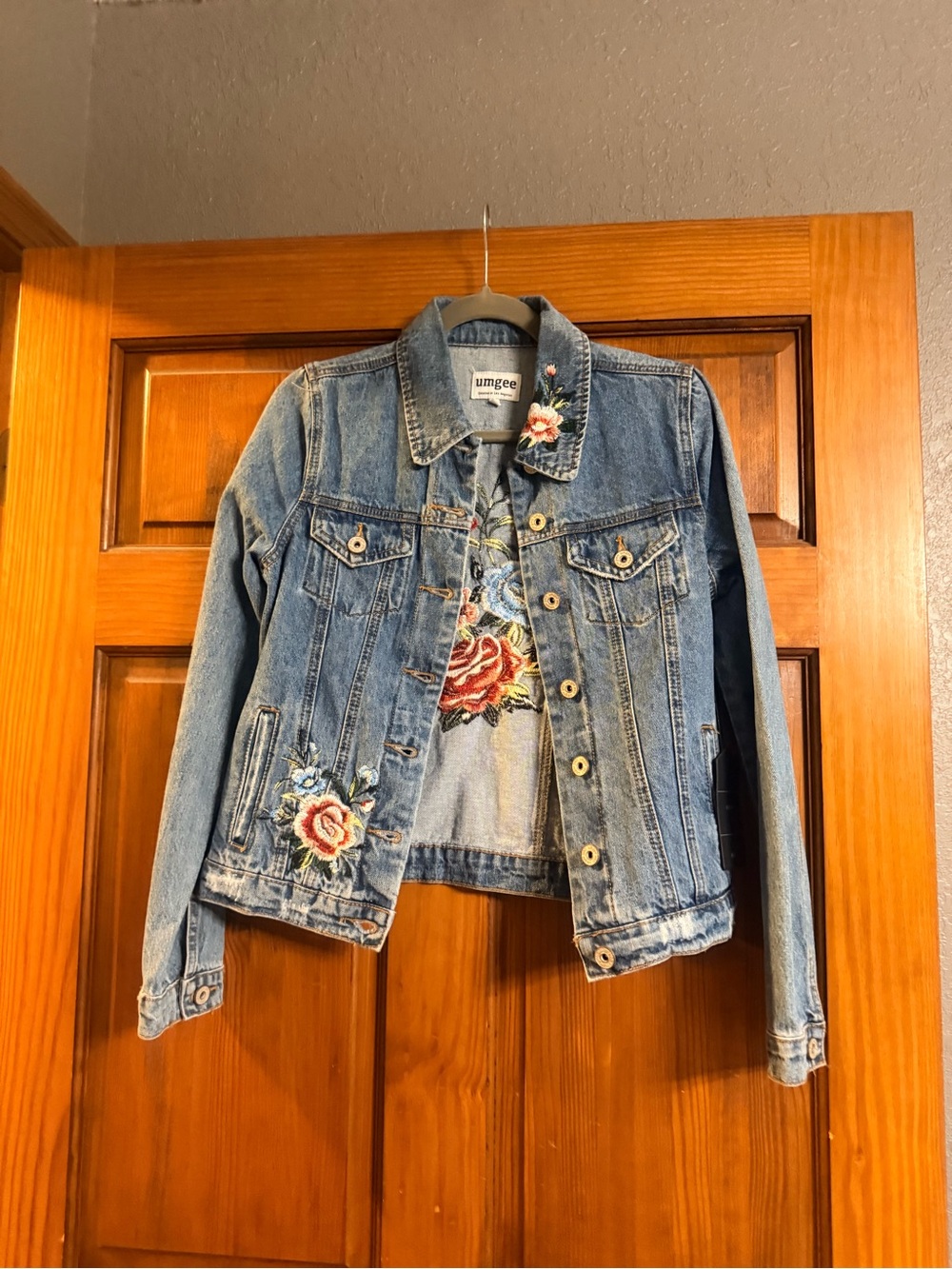 Umgee Medium Blue Denim Jacket with Floral Embroidery